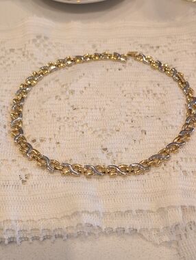 Vintage Two-Tone Hugs & Kisses XO Link Necklace - Silver & Gold Tone
